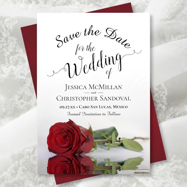 Reflecting Red Rose Romantic Wedding Save The Date (Front/Back)