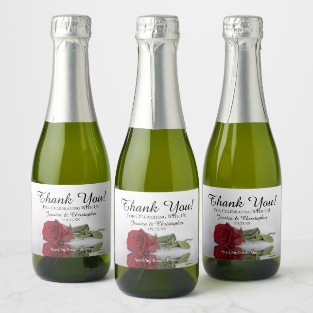 Reflecting Red Rose Wedding Thank You Mini Sparkling Wine Label (Bottles)