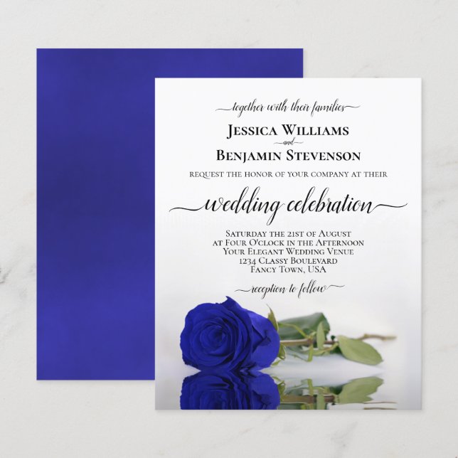 Reflecting Royal Blue Rose BUDGET Wedding Invite (Front/Back)