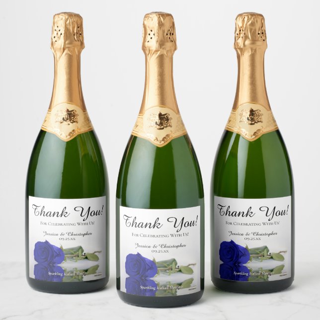 Reflecting Royal Blue Rose Wedding Thank You Sparkling Wine Label (Bottles)