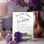 Reflecting Royal Purple Rose Romantic Wedding Save The Date<br><div class="desc">This wedding Save the Date card is romantic, elegant, classy, and beautiful. It features a photograph of a single long stemmed purple rose reflecting in a pool of water with waves and ripples. The text is a fancy script calligraphy on a white background. The back features a deep marbled purple...</div>