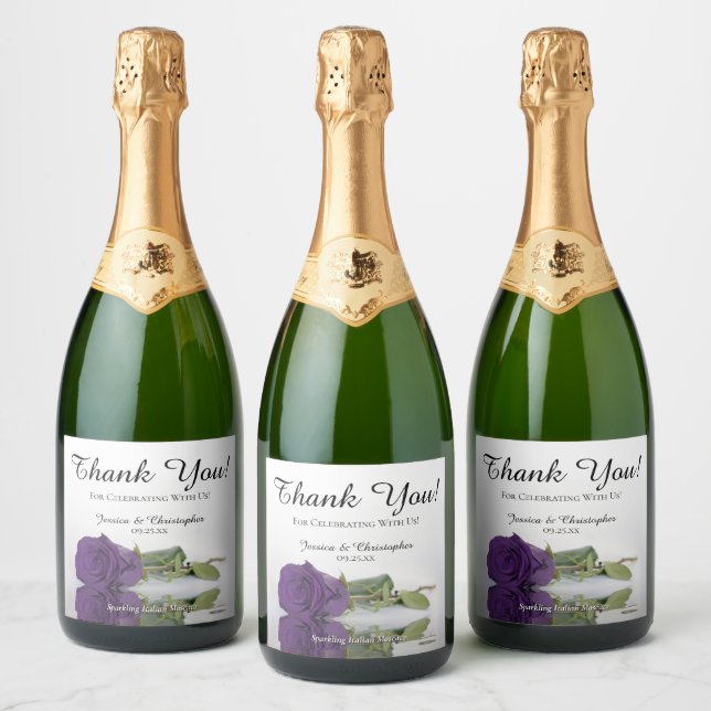 Reflecting Royal Purple Rose Wedding Thank You Sparkling Wine Label (Bottles)