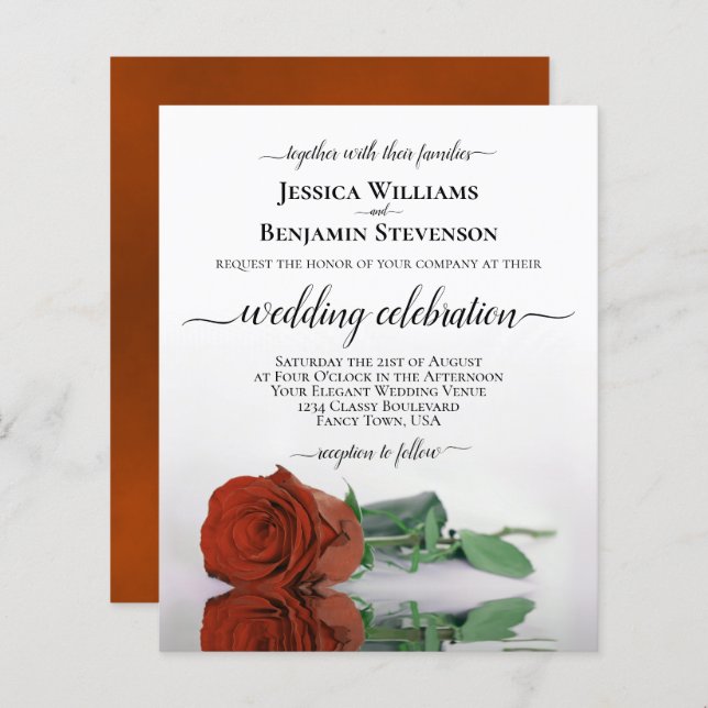 Reflecting Rust Orange Rose BUDGET Wedding Invite (Front/Back)