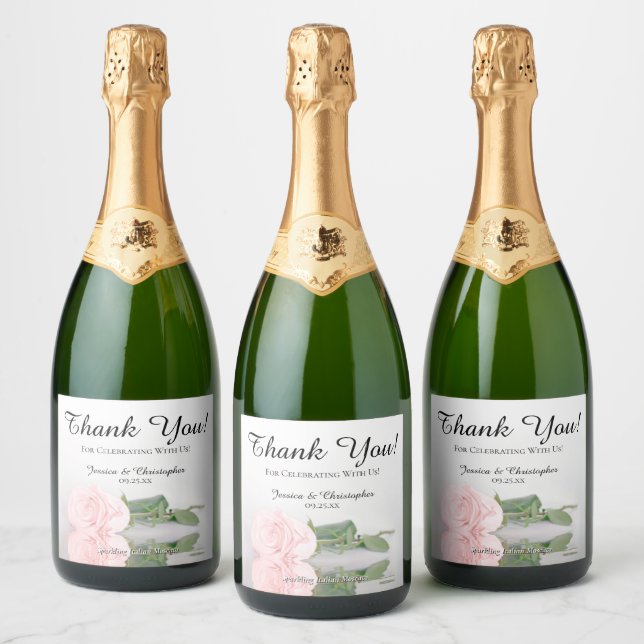 Reflecting Single Pink Rose Wedding Thank You Sparkling Wine Label (Bottles)