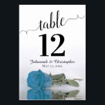 Reflecting Sky Blue Turquoise Rose Elegant Wedding Table Number<br><div class="desc">These beautiful table number cards will make it easy for your guests to find their seats at your wedding reception. Features a gorgeous design with lacy script calligraphy and a single sky blue, turquoise, or azure coloured rose lying on its side with ripples waves and reflections. There is space for...</div>