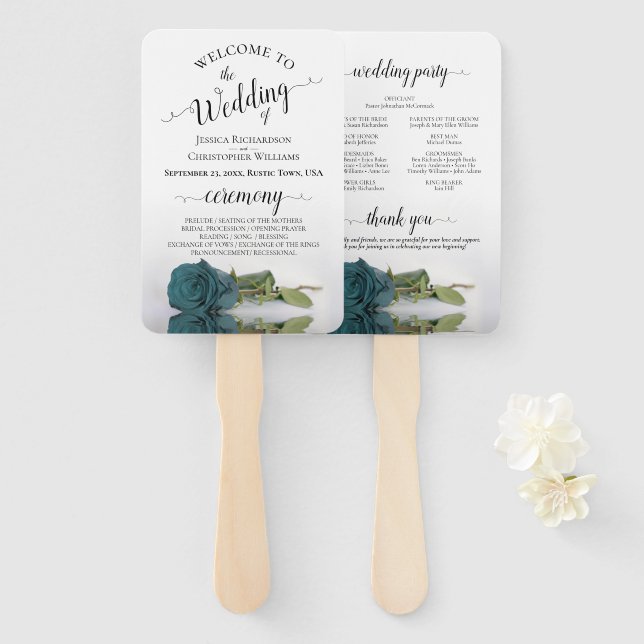 Reflecting Teal Rose Elegant Wedding Program Hand Fan (Front and Back)
