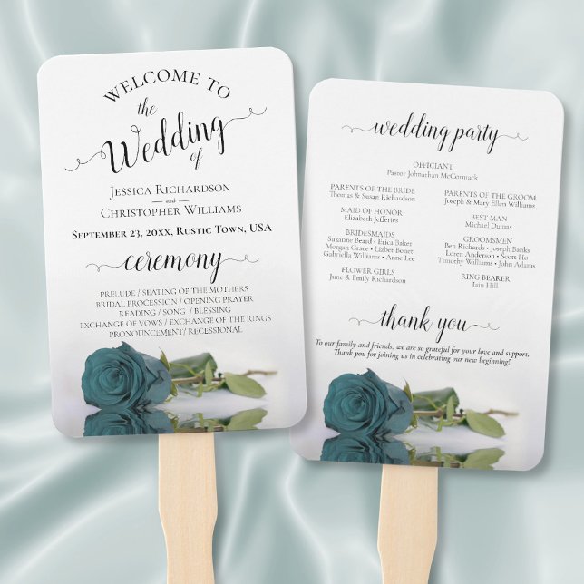 Reflecting Teal Rose Elegant Wedding Program Hand Fan (Front/Back)