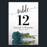 Reflecting Teal Rose Elegant Wedding Table Number<br><div class="desc">These beautiful table number cards will make it easy for your guests to find their seats at your wedding reception. Features a gorgeous design with lacy script calligraphy and a single teal or turquoise coloured rose lying on its side with ripples waves and reflections. There is space for the couple's...</div>