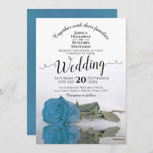 Reflecting Turquoise Blue Rose Elegant Wedding Invitation