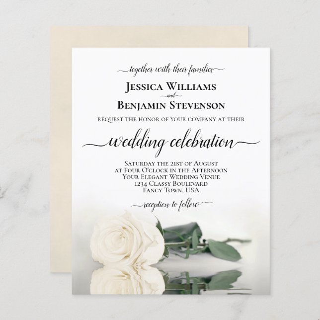 Reflecting White Rose BUDGET Wedding Invitation (Front/Back)