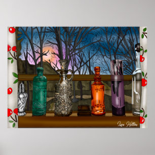 Reflection Colourful Glass Vases in Window Sill Poster