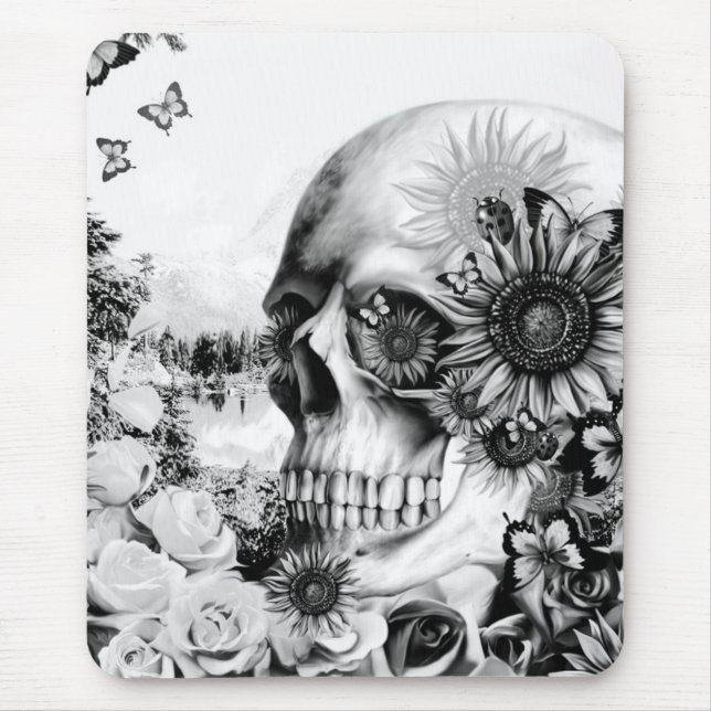 Reflection. Floral landscape skull. Mouse Mat (Front)