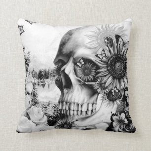 Reflection. Floral landscape skull pillow. Cushion