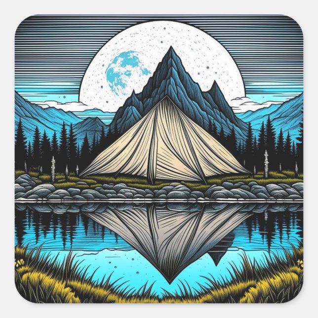 Reflection of a Tent on the Lake in the Mountains Square Sticker (Front)
