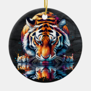 Reflection of Tiger Drinking Water  Ceramic Tree Decoration