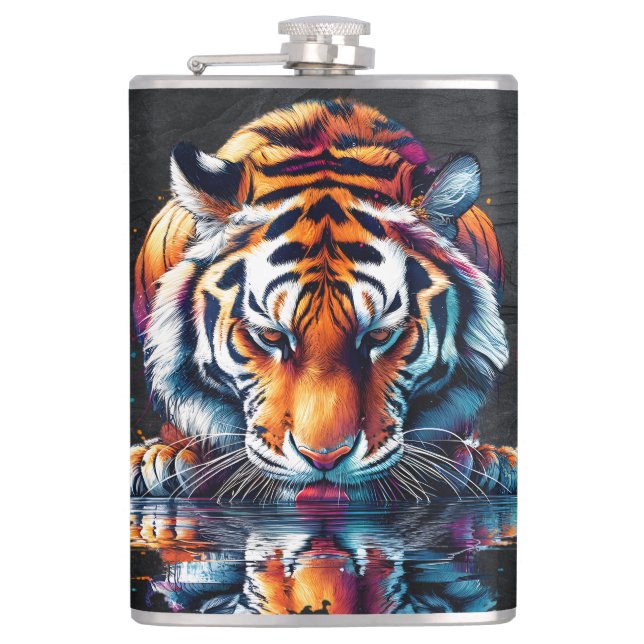 Reflection of Tiger Drinking Water  Hip Flask (Front)