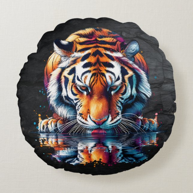 Reflection of Tiger Drinking Water  Round Cushion (Front)