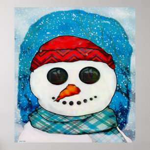 Reflections Christmas Snowman Folk Art Poster
