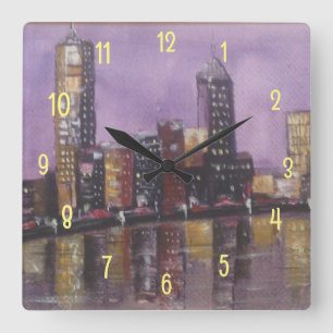 Reflections of City Lights Square Wall Clock