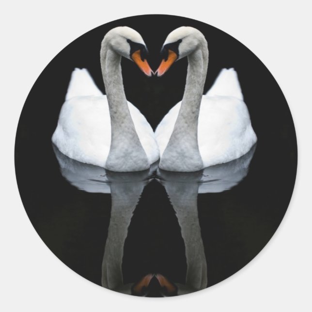 Reflections of Love, Heart Shape, White Swans Classic Round Sticker (Front)