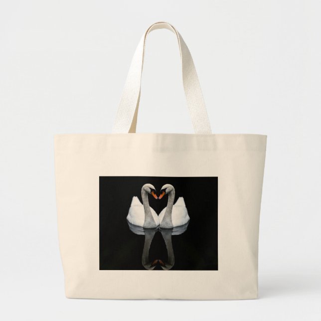 Reflections of Love, Heart Shape, White Swans Large Tote Bag (Front)