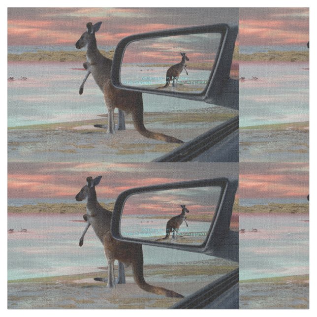"Reflections of the Wild: A Kangaroo on the Beach  Fabric (Close Up)