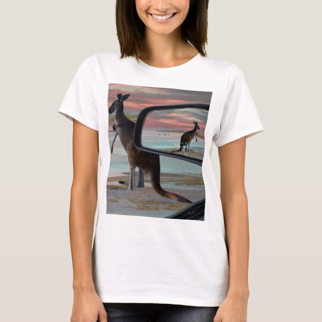 "Reflections of the Wild: A Kangaroo on the Beach  T-Shirt (Front)