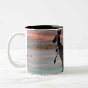 "Reflections of the Wild: A Kangaroo on the Beach  Two-Tone Coffee Mug