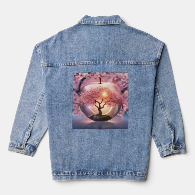 "Reflective Beauty: Glass Apple With Blossom Tree Denim Jacket (Back)