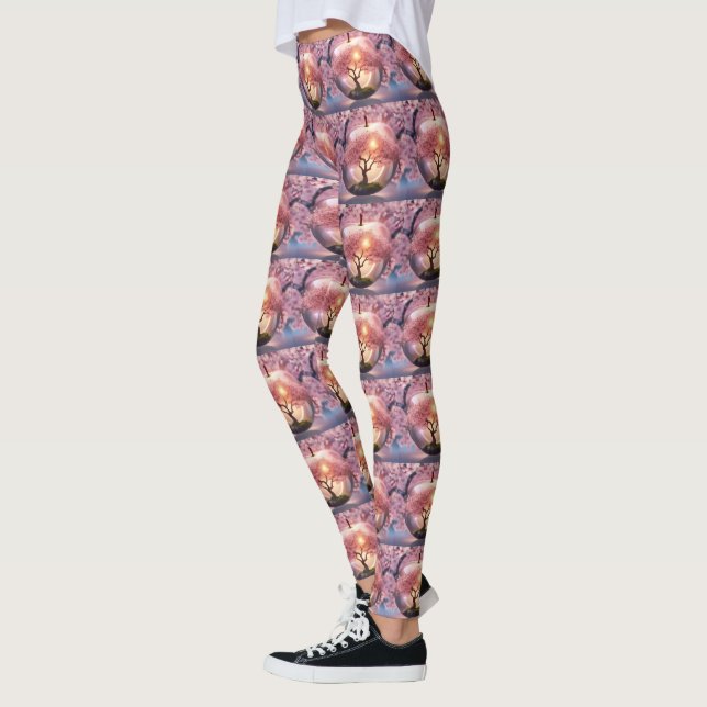 "Reflective Beauty: Glass Apple With Blossom Tree Leggings (Left)