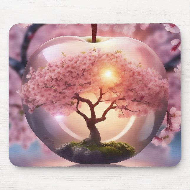 "Reflective Beauty: Glass Apple With Blossom Tree Mouse Mat (Front)