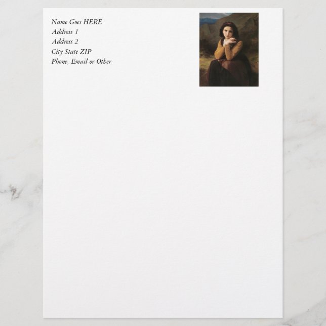 Reflective Beauty (Mignon Pensive) 1869 Bouguereau Customized Letterhead (Front)