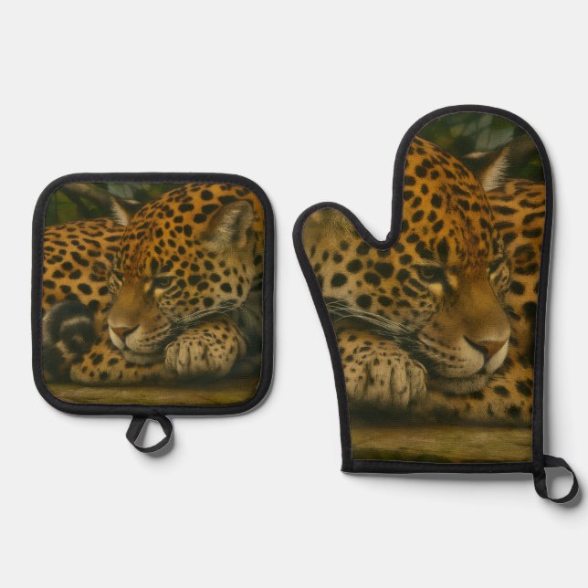 Reflective Jaguar – Serene Wildlife Art Print Oven Mitt & Pot Holder Set (Front)
