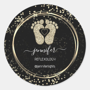 Reflexology Heart Feet Confetti Gold Glitter Black Classic Round Sticker