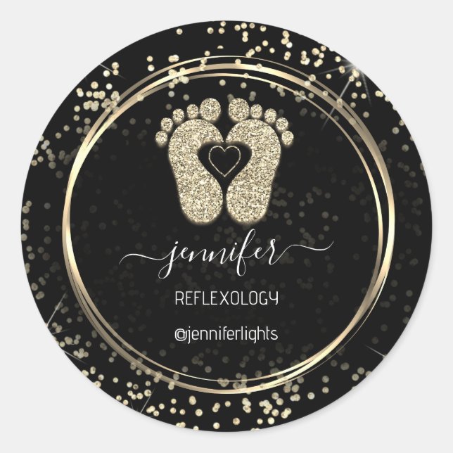 Reflexology Heart Feet Confetti Gold Glitter Black Classic Round Sticker (Front)