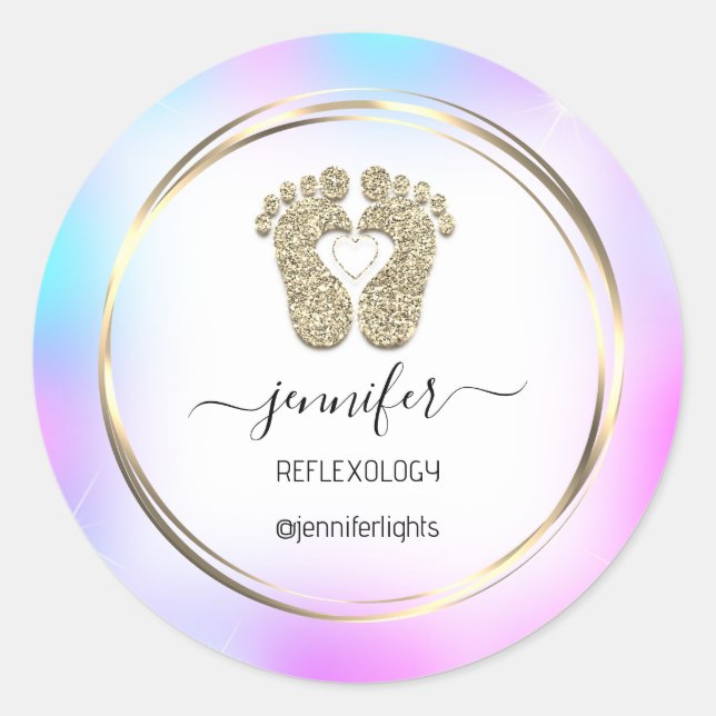 Reflexology heart Feet Gold Holograph Gold Frame Classic Round Sticker (Front)