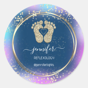 Reflexology Heart Feet Holograph Gold Frame Blue Classic Round Sticker