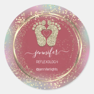 Reflexology Heart Feet Holograph Gold Glitter Classic Round Sticker