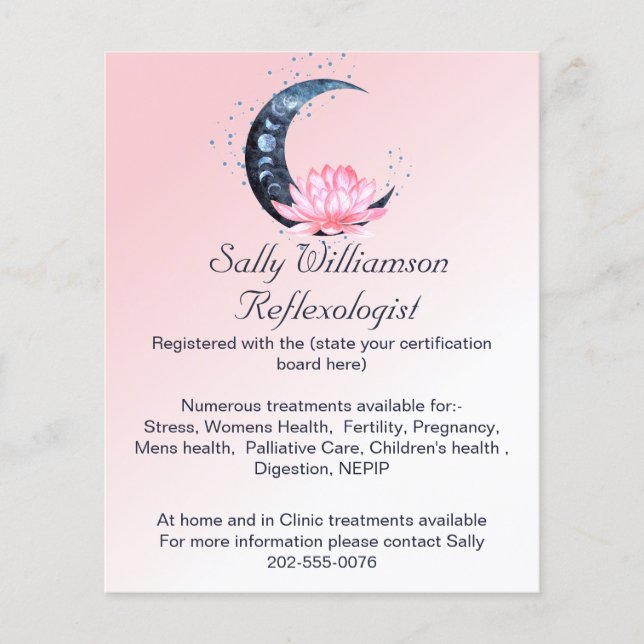 Reflexology Pink Lotus Flower Moon Business Flyer (Front)