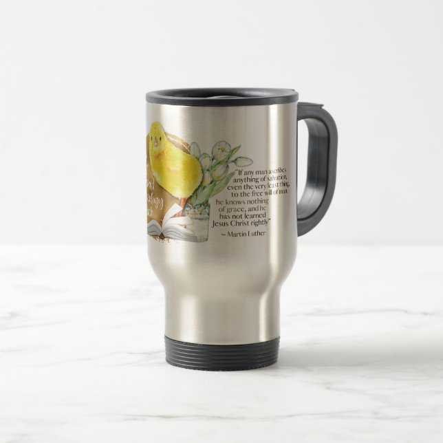 "Reformed Theology Chick" Travel Mug (Front Right)