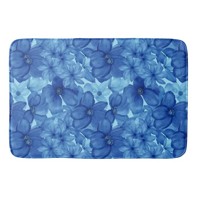 Refreshing Blue Watercolor Floral Bath Mat (Front)