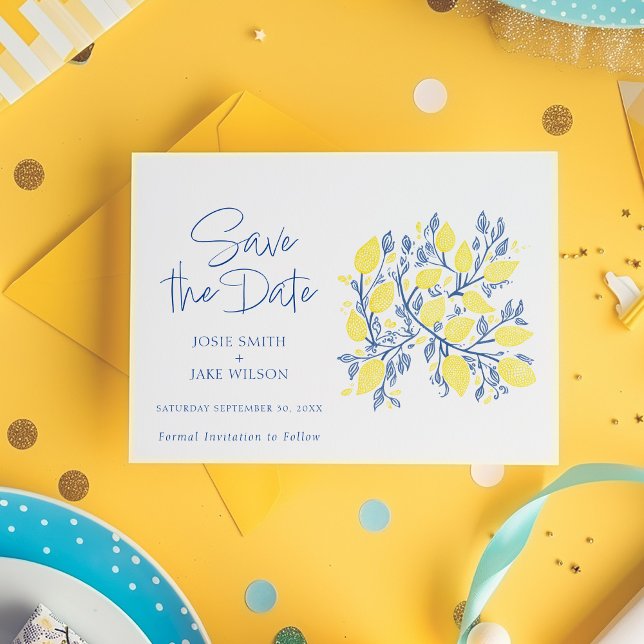 Refreshing lemon vines save the date (Bright and colorful Mediterranean inspired yellow lemons and blue vines Save the Date card)