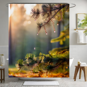 Refreshing Pine Tree Water Drops Forest Background Shower Curtain