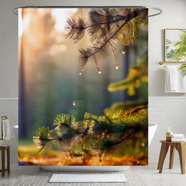 Refreshing Pine Tree Water Drops Forest Background Shower Curtain (Creator Uploaded)