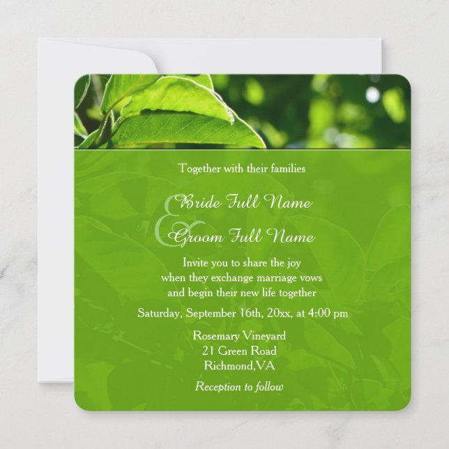 Refreshing spring, summer green leaves wedding invitation (Front)