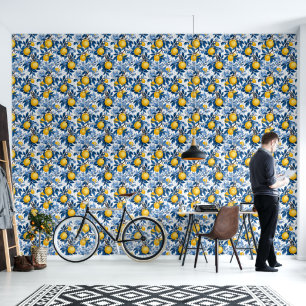 Refreshing Yellow Lemon Blue Leaves Peel & Stick  Wallpaper