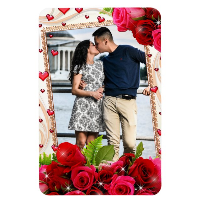 Refrigerator Magnet Couple Photo Red Hearts Roses (Vertical)