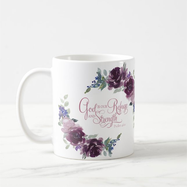 Refuge and strength purple floral  coffee mug (Left)