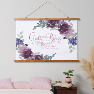 Refuge and strength purple floral hanging tapestry