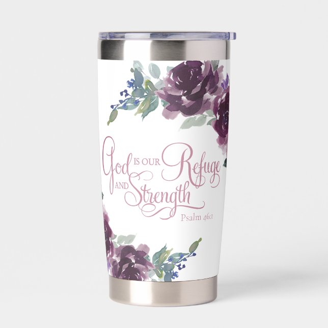 Refuge and strength purple floral  insulated tumbler (Left)